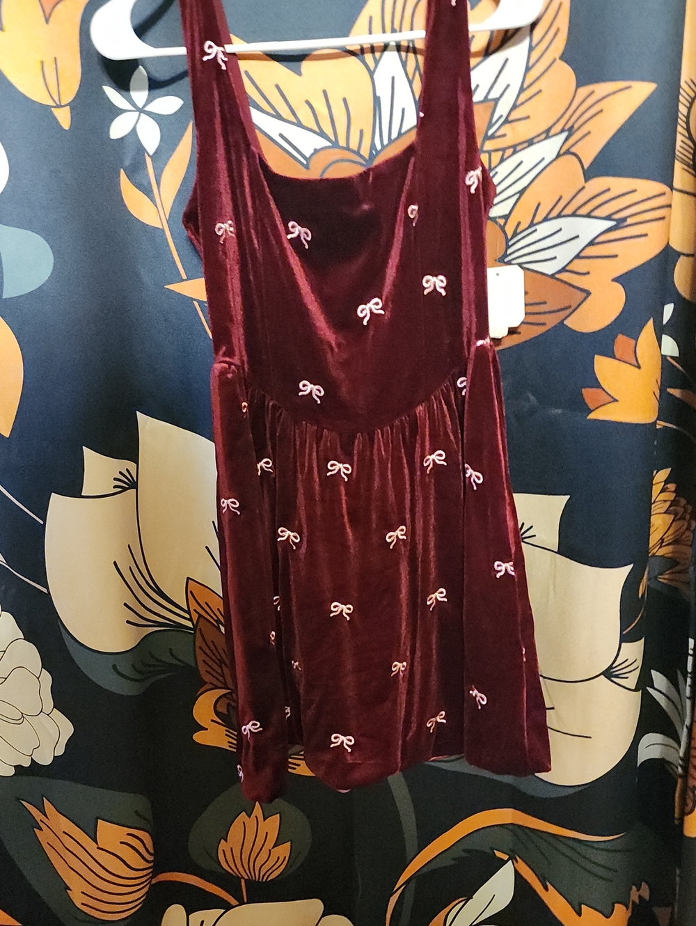 Women's Velvet Burgundy Bow-Embroidered Dress